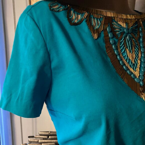 FAB LUX ANNE KLEIN NY BEJEWLED SHEATH LETS PARTY LINEN BLEND DRESS TURQUOISE - Picture 7 of 11